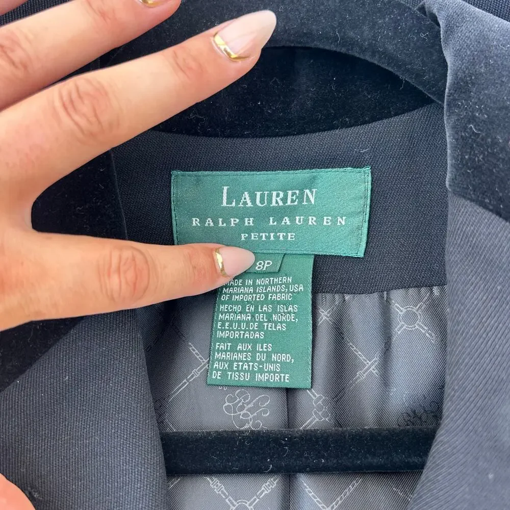 Vintage Ralph Lauren Wool Long Blazer Coat Black Jacket 8 Petite Velvet - Picture 4 of 9